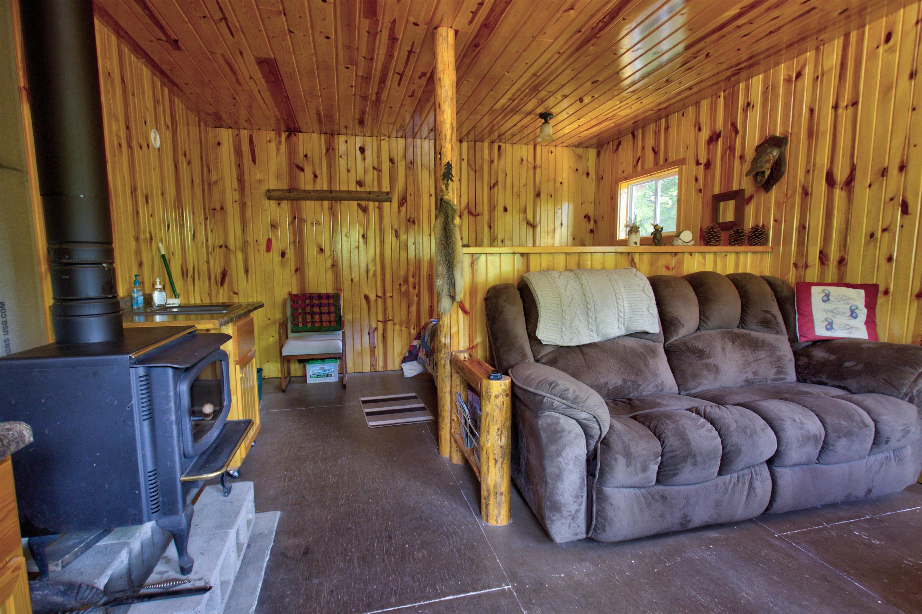 4194 Nels Lake Road Ely, MN 55731 - Photo 8 of 27 Living area with a wood stove, wood walls, and wood ceiling