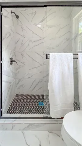 a bathroom with a shower and a toilet