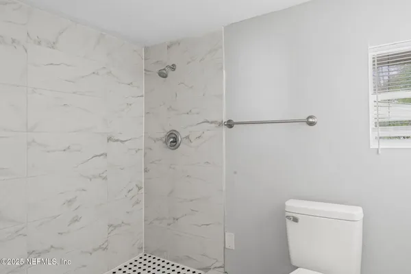 a bathroom with a shower and toilet