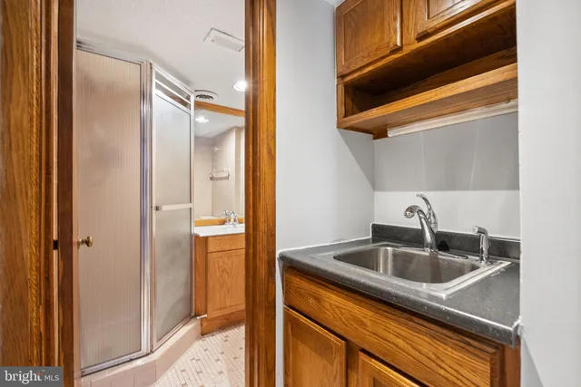 a bathroom with a sink and a shower
