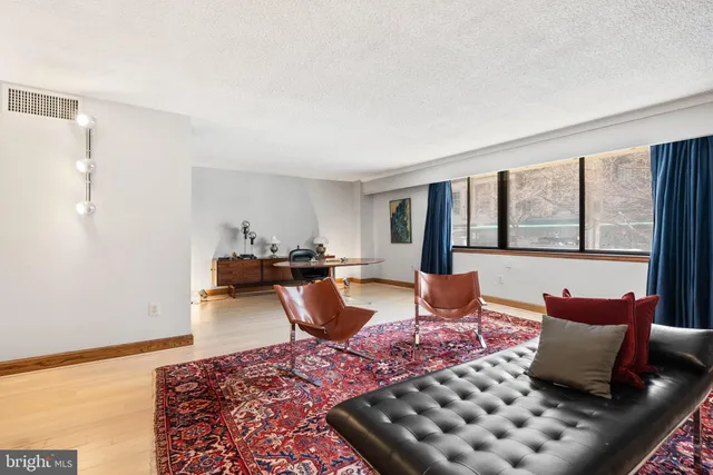 a living room with furniture a rug and a large window