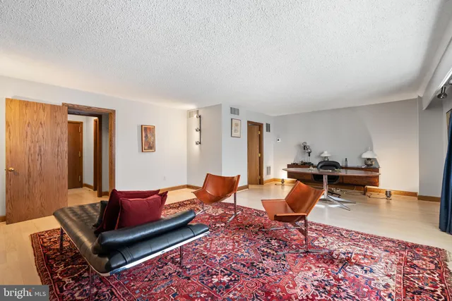 a living room with furniture a rug and a window