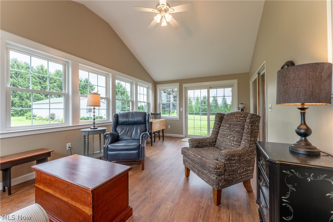 6341 Burbank Road Wooster, OH 44691 - Photo 16 of 36 Living room with high vaulted ceiling, ceiling fan, and wood-type flooring