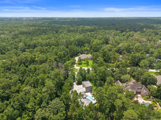 a view of a city with lush green forest