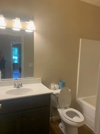 a bathroom with a sink a toilet and a mirror
