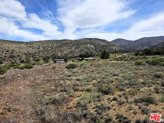 a view of a dry yard with mountains in the background