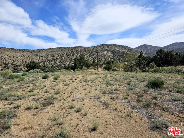 a view of a dry yard with mountains in the background