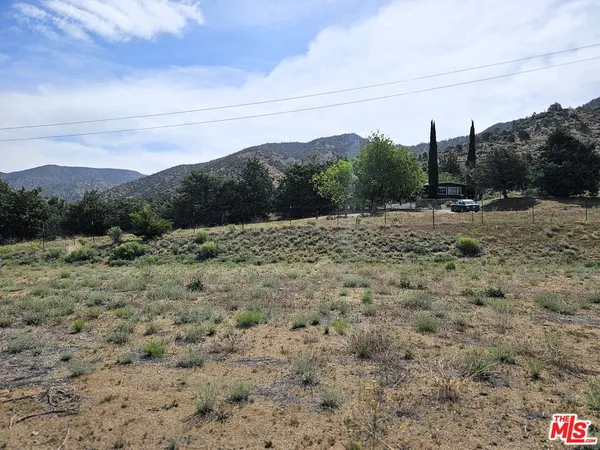 a view of a dry yard with mountains in the background
