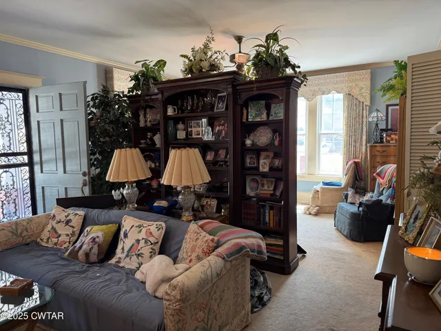 a living room with furniture and potted plants