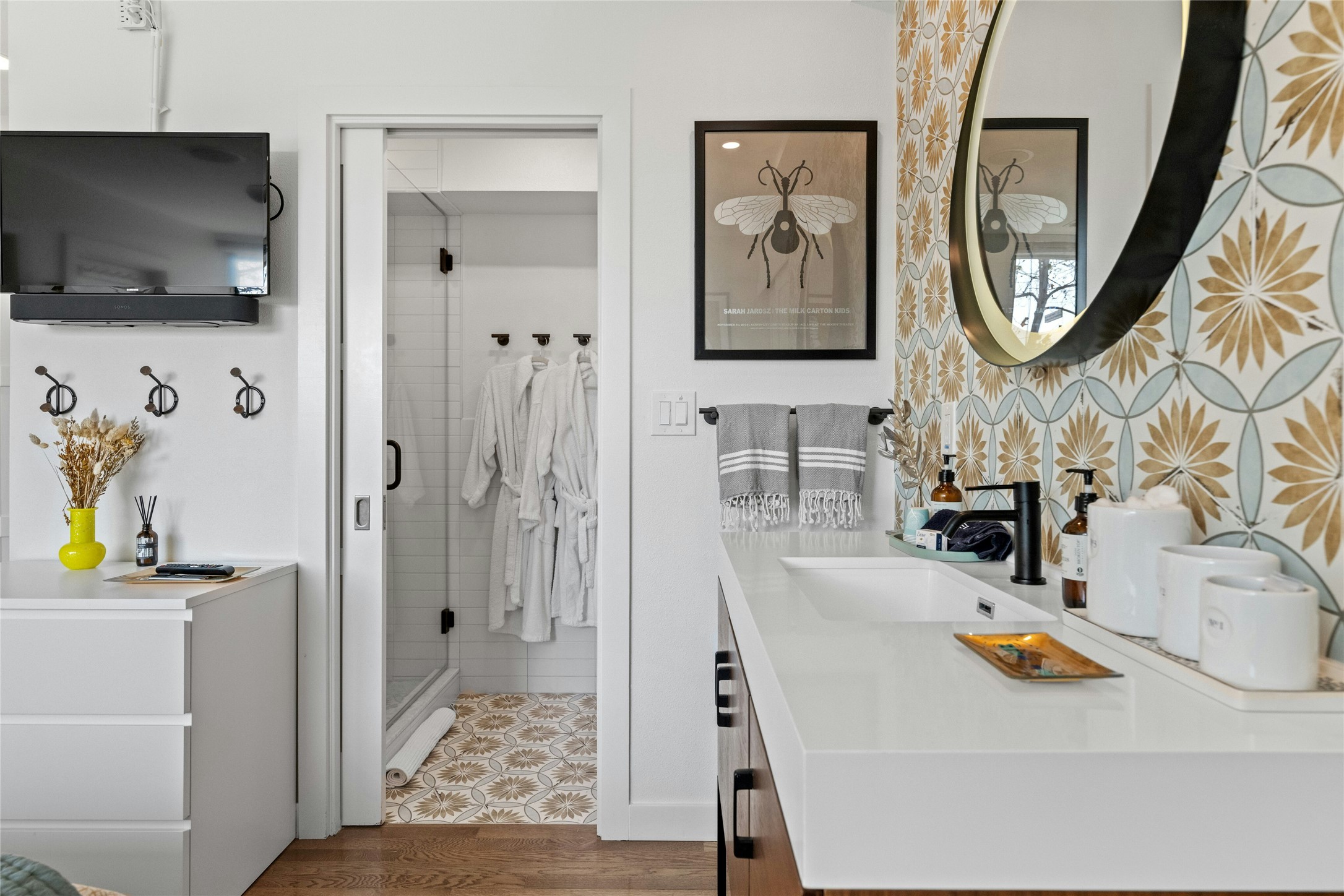 2409 East Side Drive Austin, TX 78704 - Photo 26 of 40 a bathroom with a sink a mirror and a shower