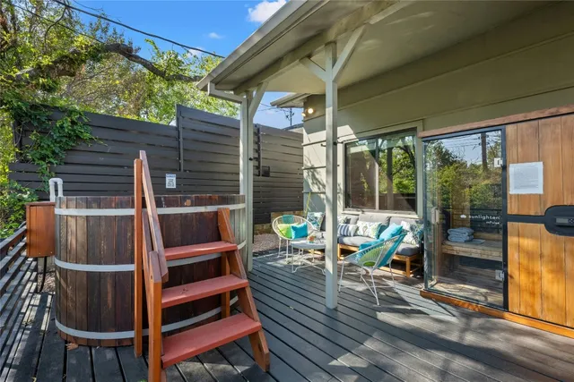 an outdoor space with seating