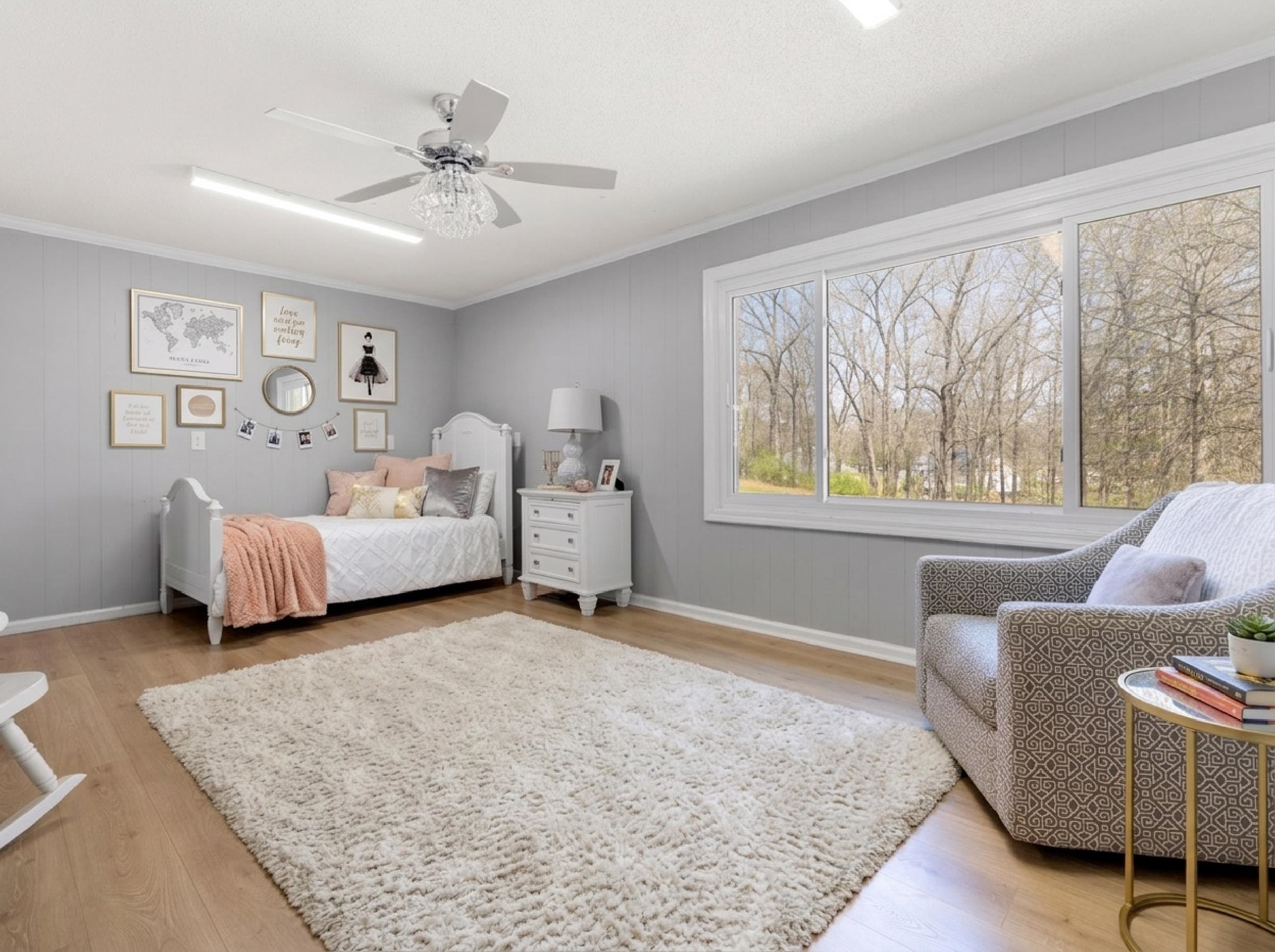 460 Woodbridge Road Somerville, TN 38068 - Photo 18 of 40 Bedroom featuring light wood-style floors, a ceiling fan, wooden walls, and crown molding