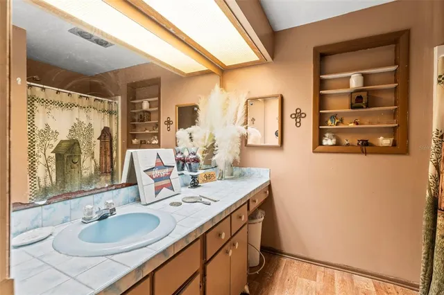 a bathroom with a sink and a mirror