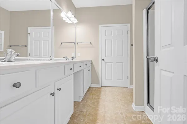 a bathroom with a sink a mirror and a shower