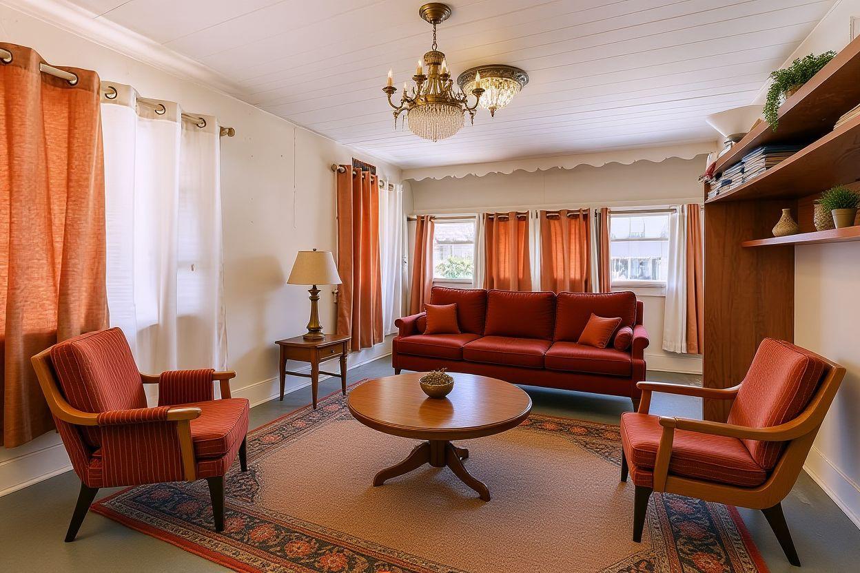 1075 Loma Drive, Unit 66 Ojai, CA 93023 - Photo 2 of 22 a living room with furniture a rug and a chandelier