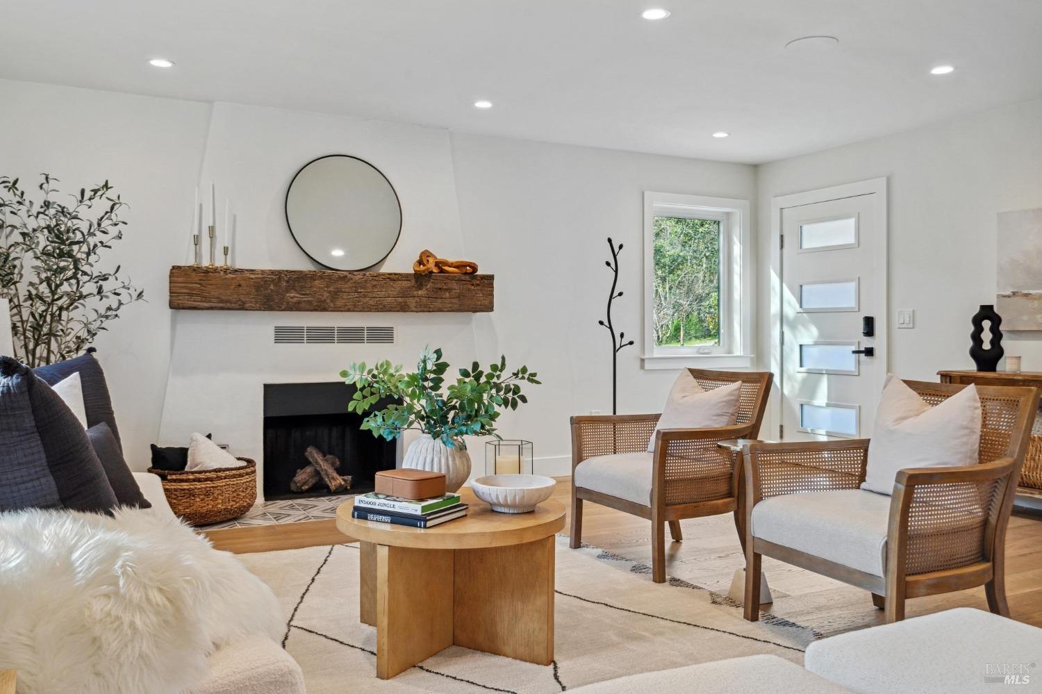 a living room with furniture a fireplace and a potted plant