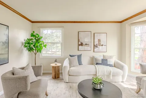 a living room with furniture and a potted plant