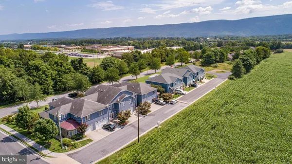 an aerial view of residential houses with outdoor space and trees