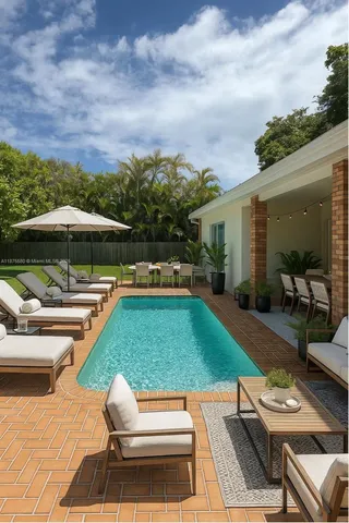 a view of a patio with swimming pool