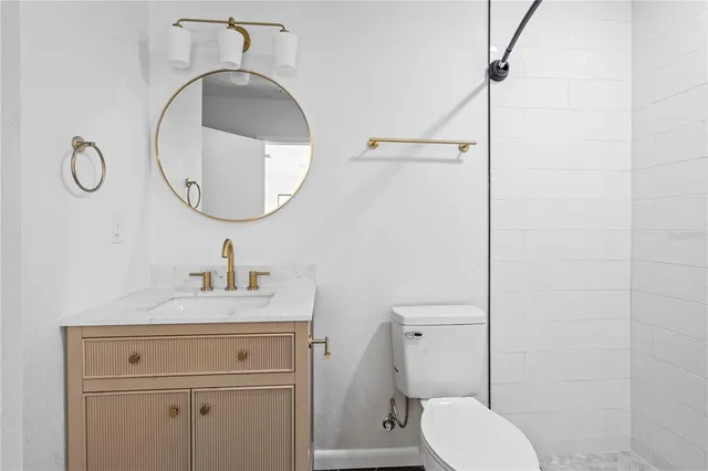 a bathroom with a toilet sink vanity and mirror