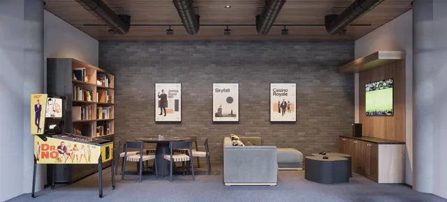 a lobby with furniture and floor to ceiling window