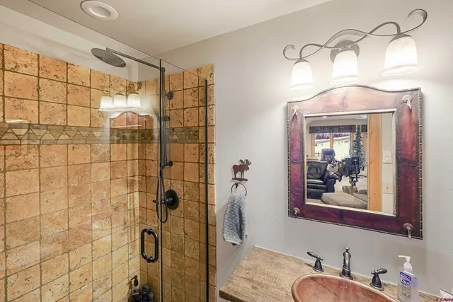 a bathroom with a shower a mirror and a sink
