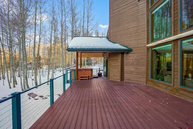 a view of a patio with wooden floor and barbeque oven