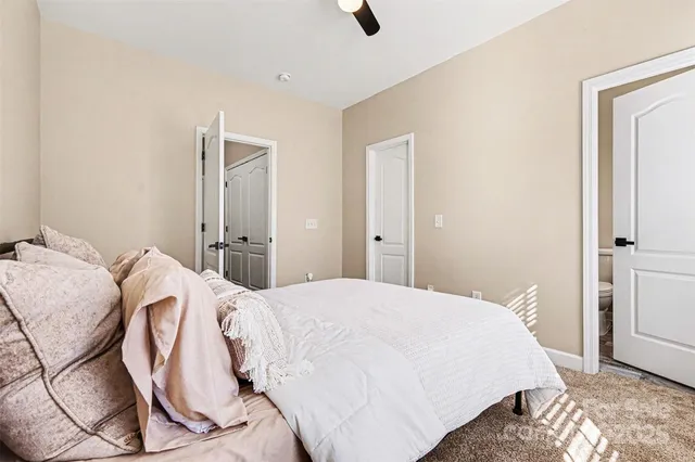 a bedroom with a bed and cabinets