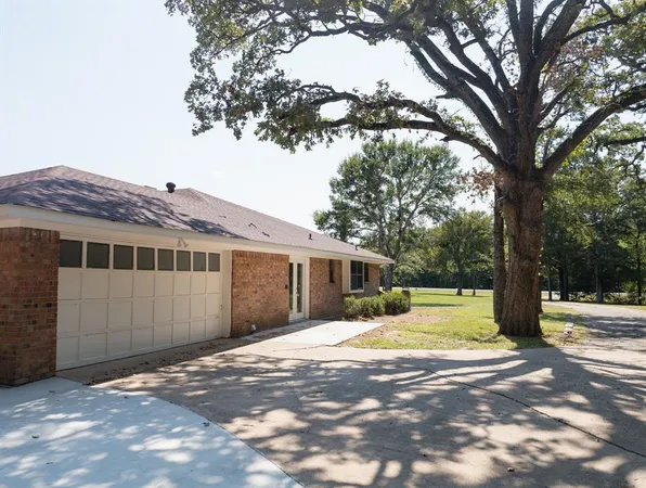 a view of a backyard with large trees