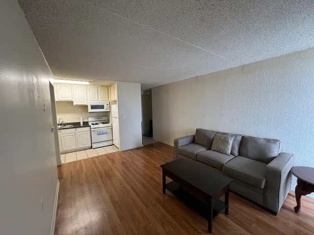 a living room with furniture and kitchen view
