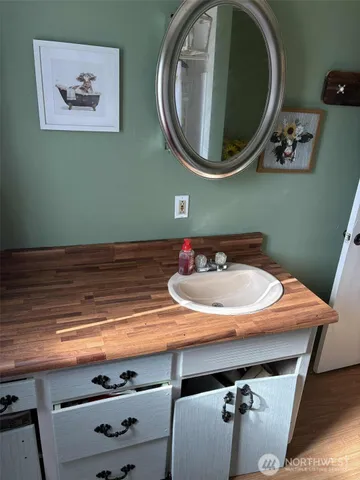 a bathroom with a sink and a mirror
