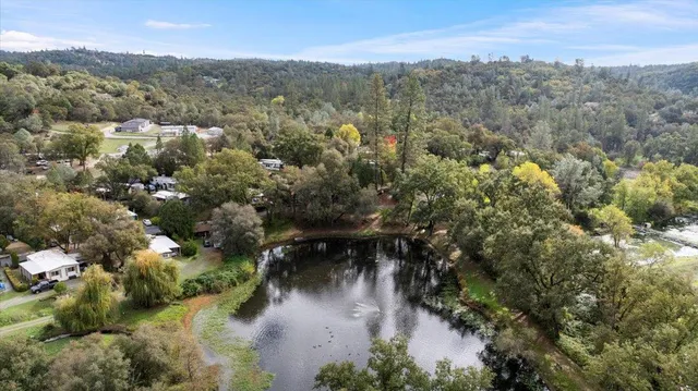 an aerial view of residential house with outdoor space and trees around