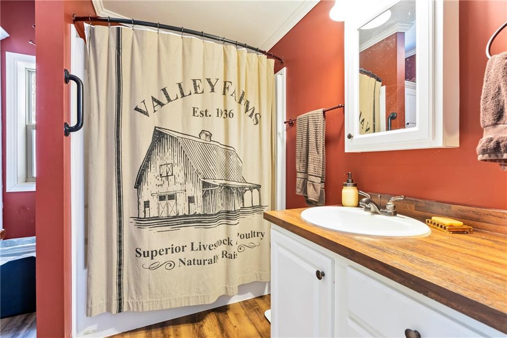 257 Hilltop Acres Road Slippery Rock, PA 16057 - Photo 15 of 25 a bathroom with a granite countertop sink and a mirror