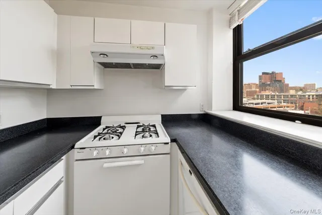 a kitchen with granite countertop a stove a sink and a microwave