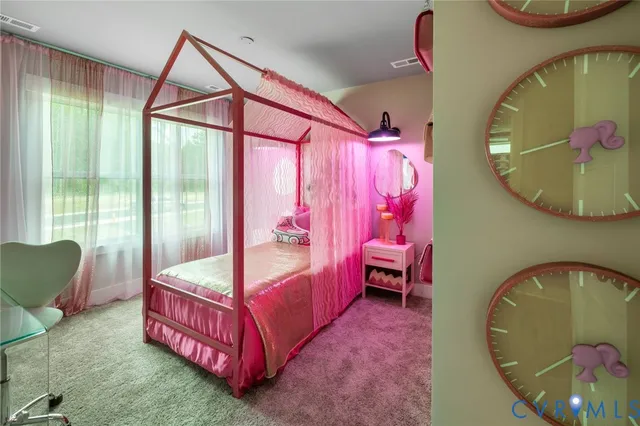 a bed room with a bed and a mirror
