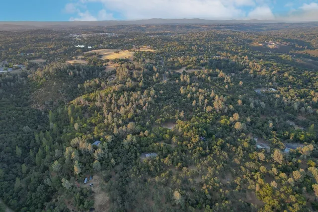 an aerial view of residential houses with outdoor space and trees