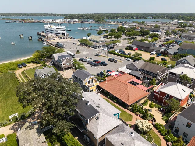 an aerial view of a building with outdoor space