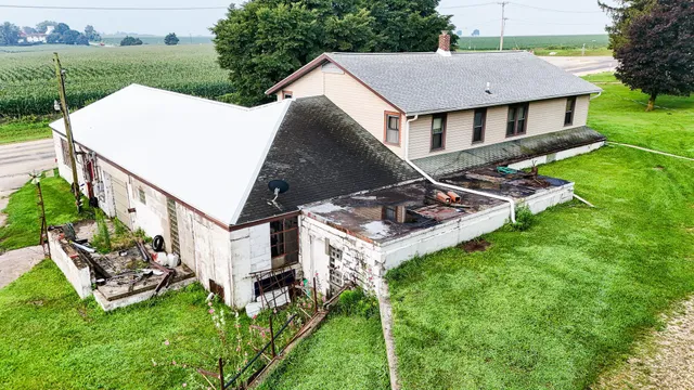 an aerial view of a house with garden