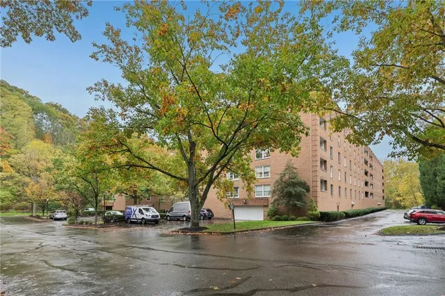 front view of a building with a street