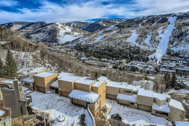 an aerial view of a house with a mountain
