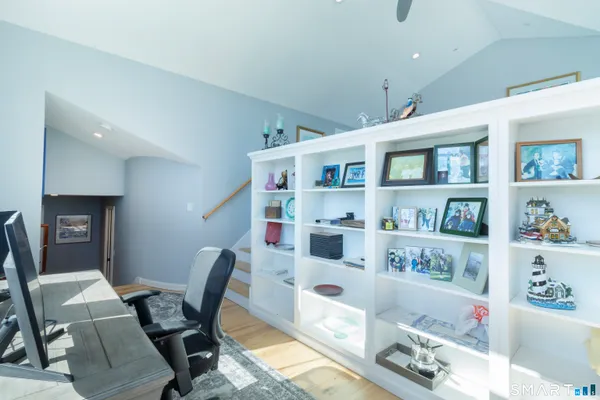 a workspace with furniture