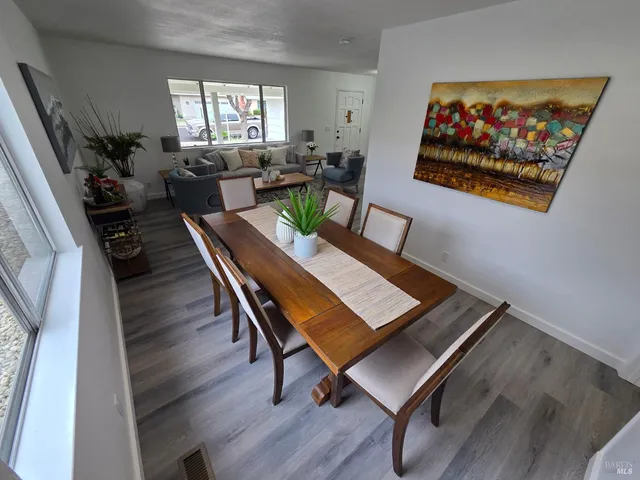 a view of a dining room with furniture window and wooden floor