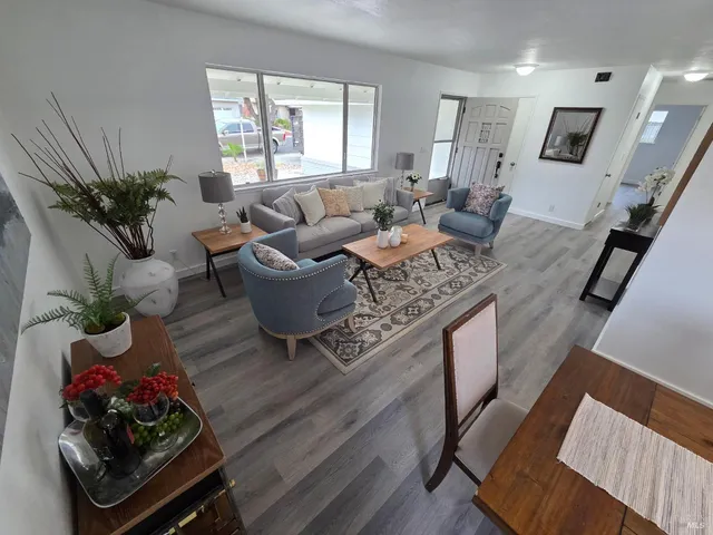 a living room with furniture and a potted plant