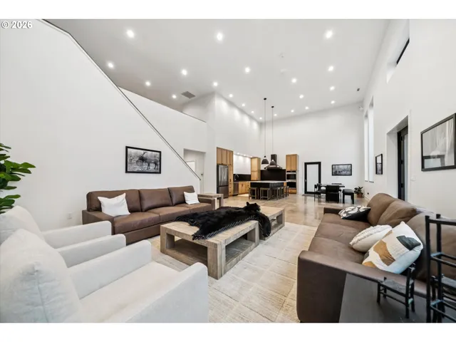 a living room with furniture kitchen view and a potted plant