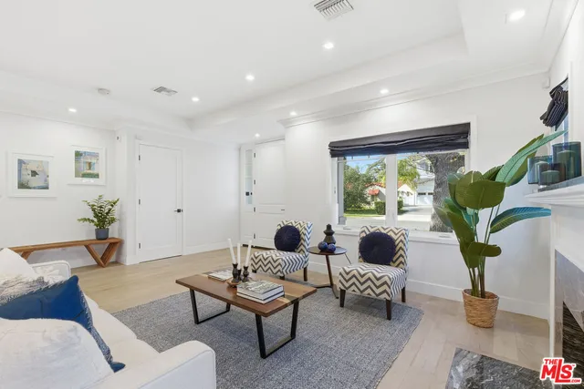 a living room with furniture potted plant and a table