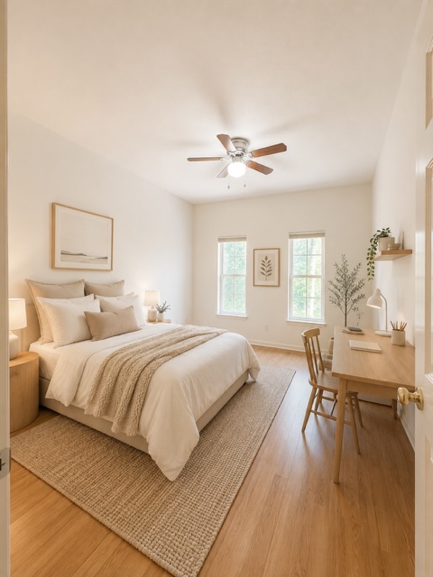 2529 Rio Grande Street, Unit 78 Austin, TX 78705 - Photo 7 of 14 A well-lit bedroom features warm hardwood flooring, a comfortable bed, and a functional workspace.