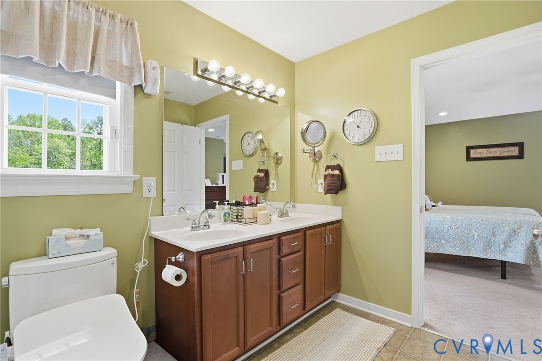 19012 Teman Road Beaverdam, VA 23015 - Photo 19 of 41 a bathroom with a sink a toilet a mirror a vanity and shower