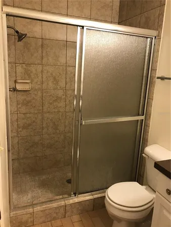 a bathroom with a shower and a toilet