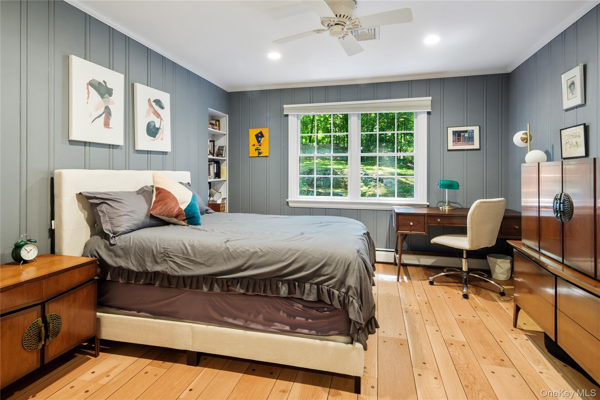 105 Cross Ridge Road Chappaqua, NY 10514 - Photo 32 of 43 Bedroom 2 has tongue and groove wood wall paneling, wide board peg oak floors, crown molding, recessed lighting, double closet and a ceiling fan