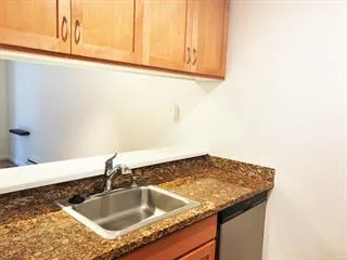 a bathroom with a granite countertop sink and dishwasher